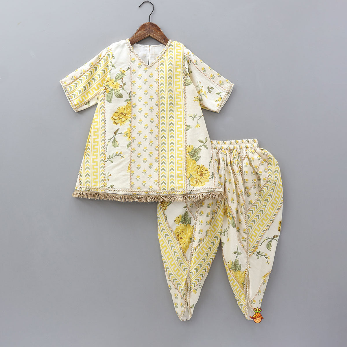 Pre Order: Printed Flared Kurti And Matching Dhoti With Net Dupatta