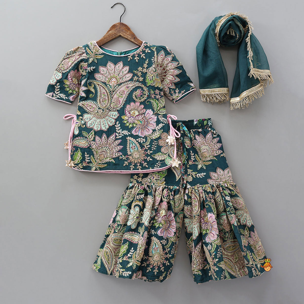 Pre Order: Side-Knot Detailed Elegant Kurti And Sharara With Matching Dupatta