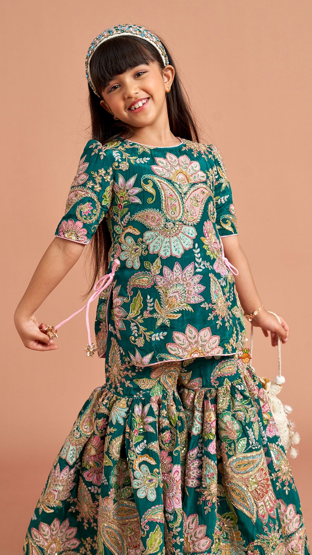 Pre Order: Side-Knot Detailed Elegant Kurti And Sharara With Matching Dupatta