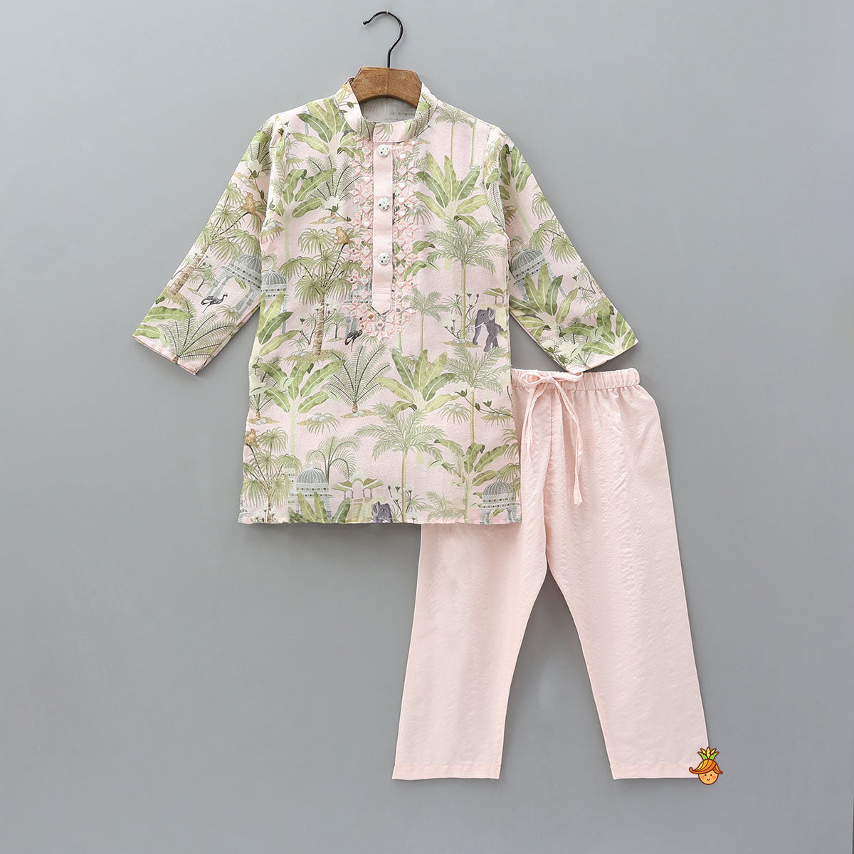 Pre Order: Faux Mirror Work Printed Kurta With Pyjama