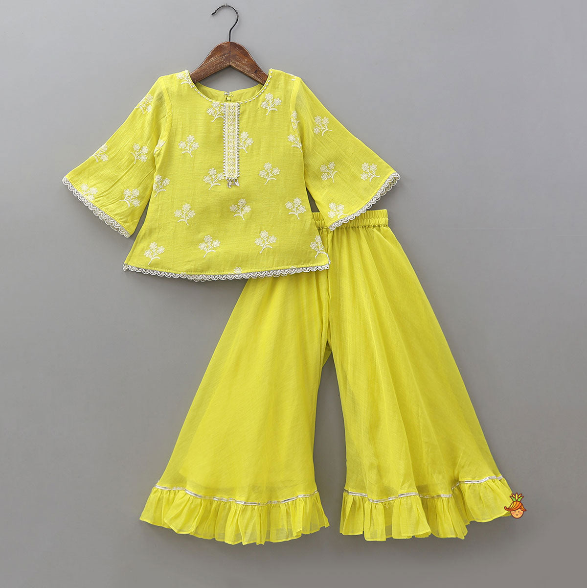 Pre Order: Thread Floral Embroidered Top And Ruffle Hem Palazzo