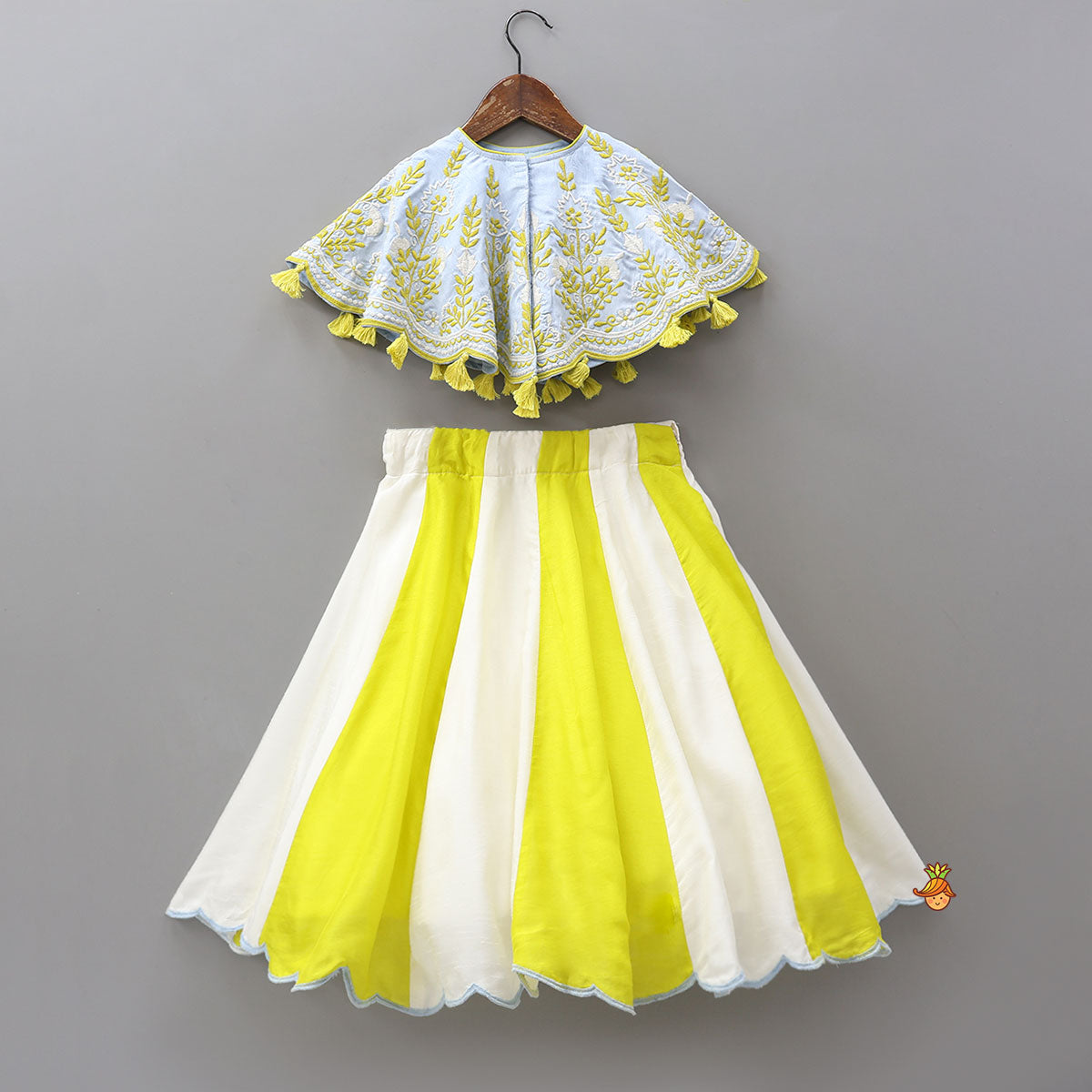 Pre Order: Cape Style Top And Colour Block Lehenga