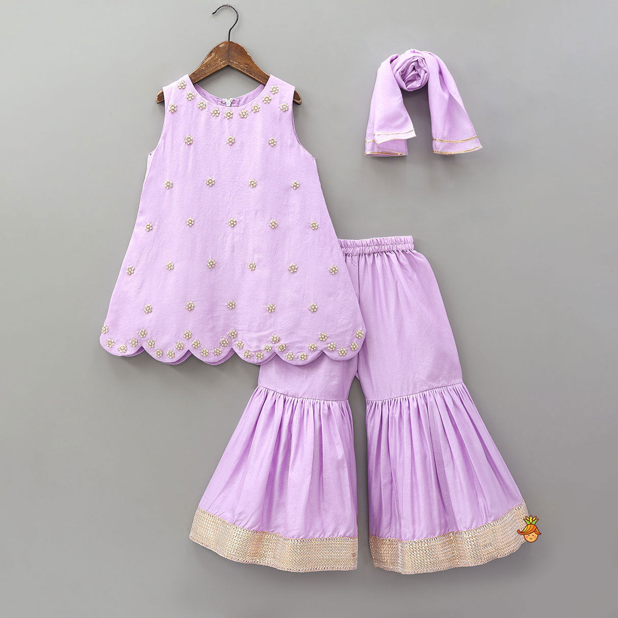 Pre Order: Booti Floral Embroidered Kurti With Sharara And Dupatta