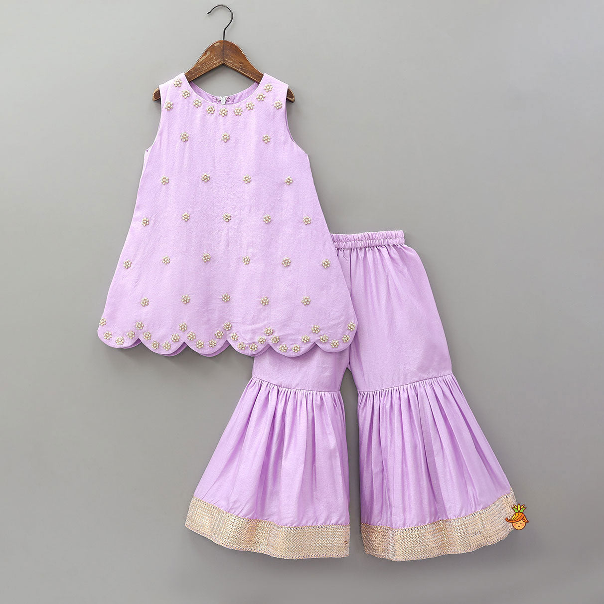 Pre Order: Booti Floral Embroidered Kurti With Sharara And Dupatta