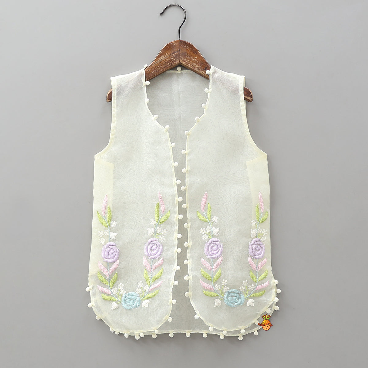 Pre Order: Bow Adorned Inner Top With Hand Embroidered Jacket And Sharara With Floral Sling Bag