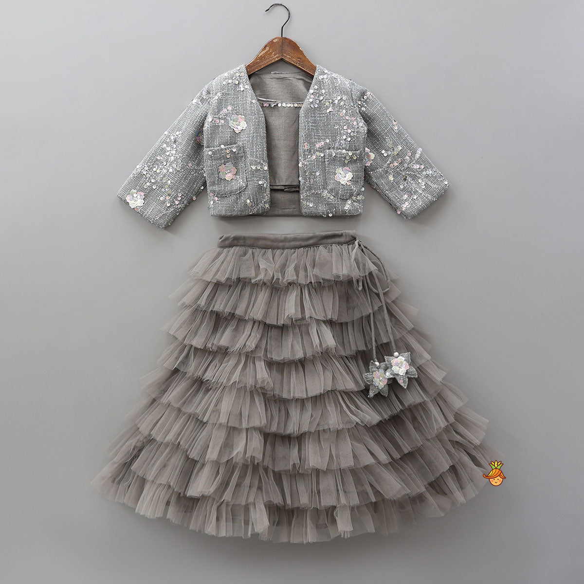 Pre Order: Beautiful Top With Open Jacket And Layered Net Lehenga