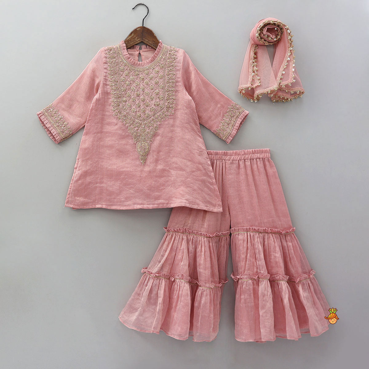 Pre Order: Shimmery Striped Kurti And Sharara With Matching Net Dupatta