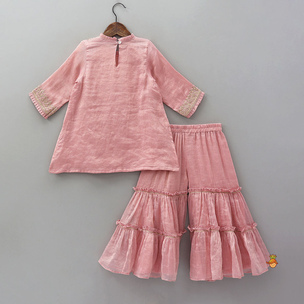 Pre Order: Shimmery Striped Kurti And Sharara With Matching Net Dupatta