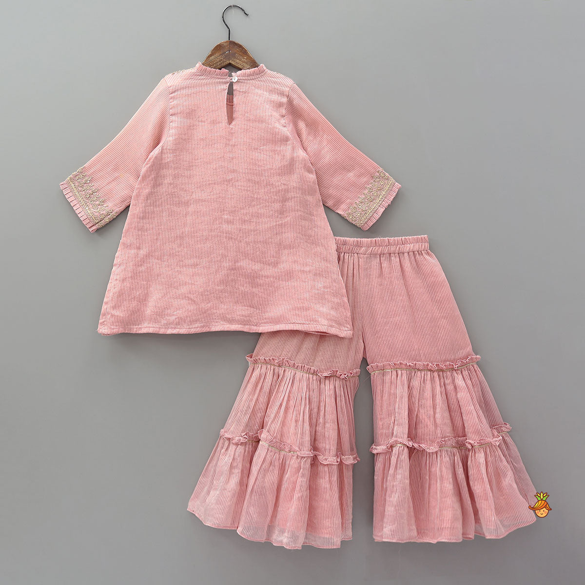 Pre Order: Shimmery Striped Kurti And Sharara With Matching Net Dupatta