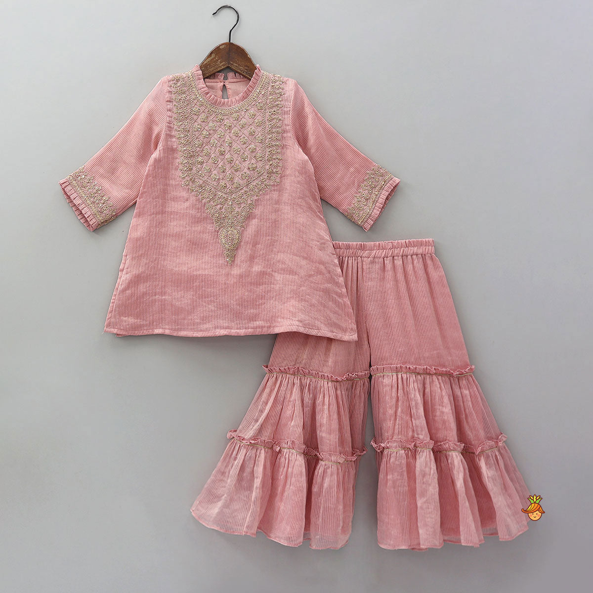 Pre Order: Shimmery Striped Kurti And Sharara With Matching Net Dupatta