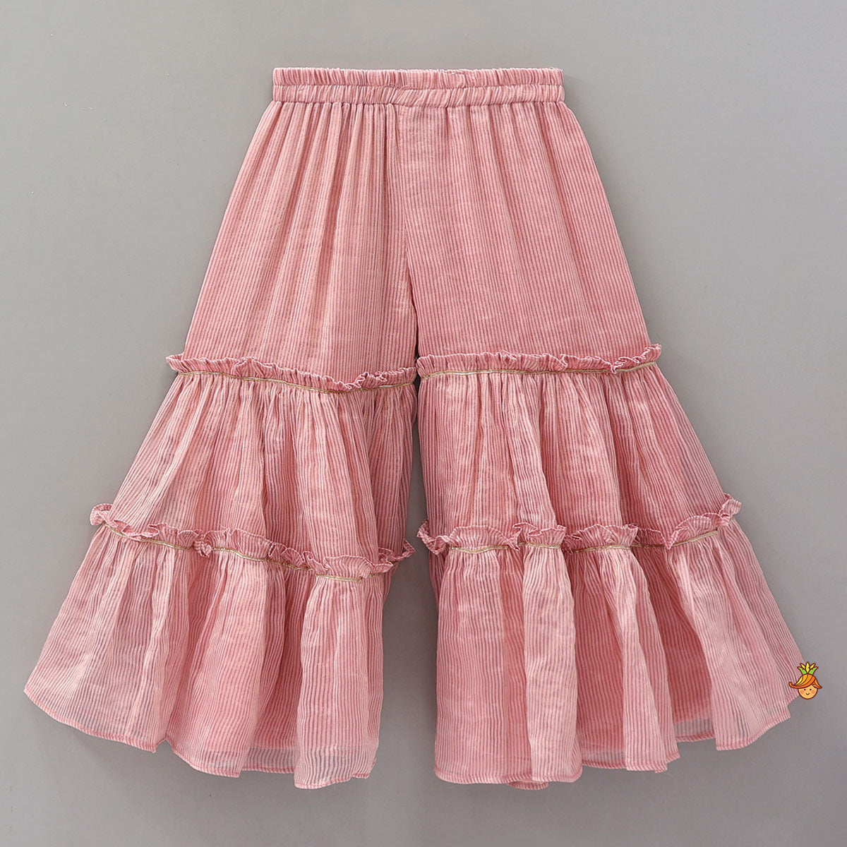 Pre Order: Shimmery Striped Kurti And Sharara With Matching Net Dupatta