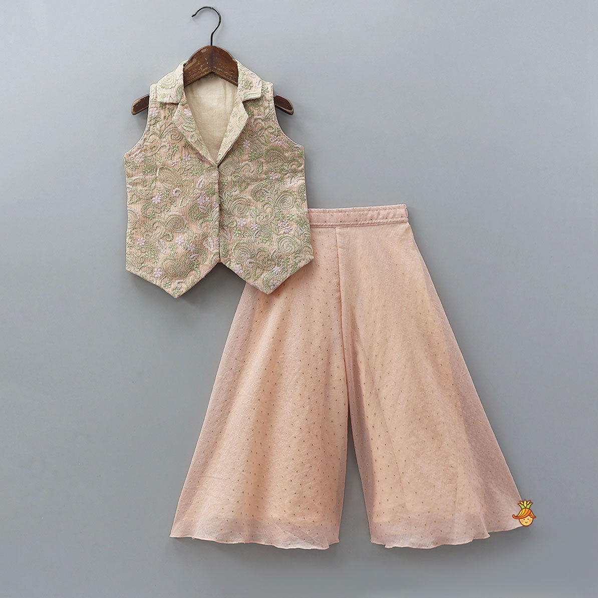 Pre Order: Embroidered Notch Collar Top And Flared Palazzo