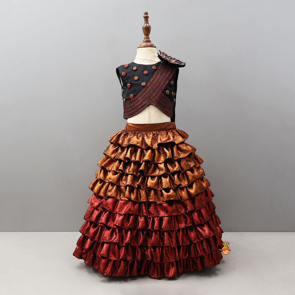 Pre Order: Butterfly-Adorned Drape Top With Layered Shiny Lehenga