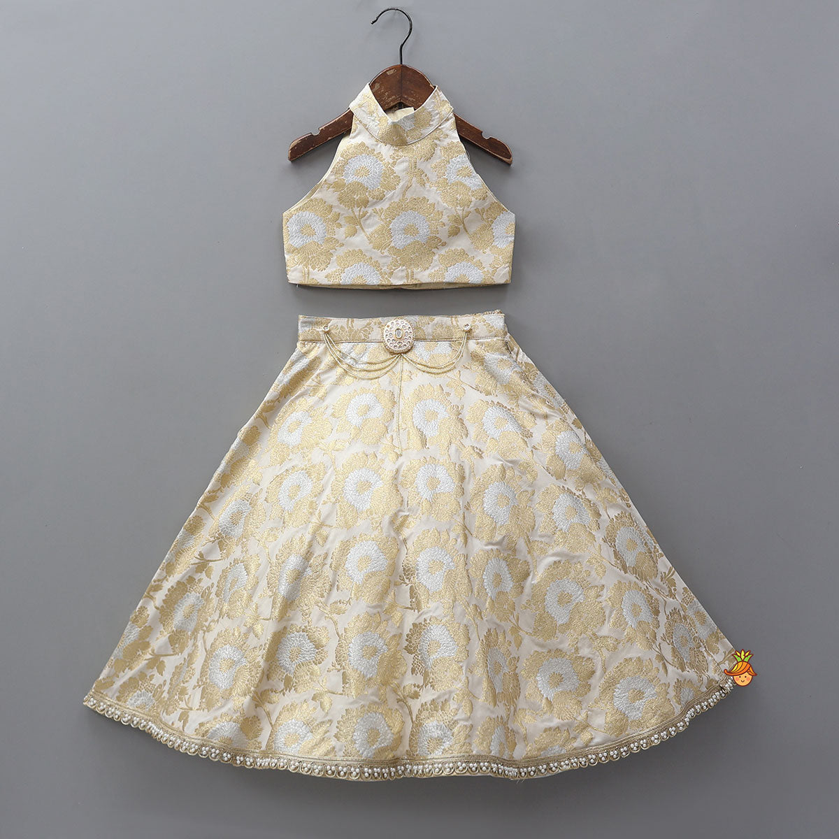 Pre Order: Exquisite Halter Neck Brocade Top With Embellished Jacket And Brocade Lehenga With Matching Hair Band