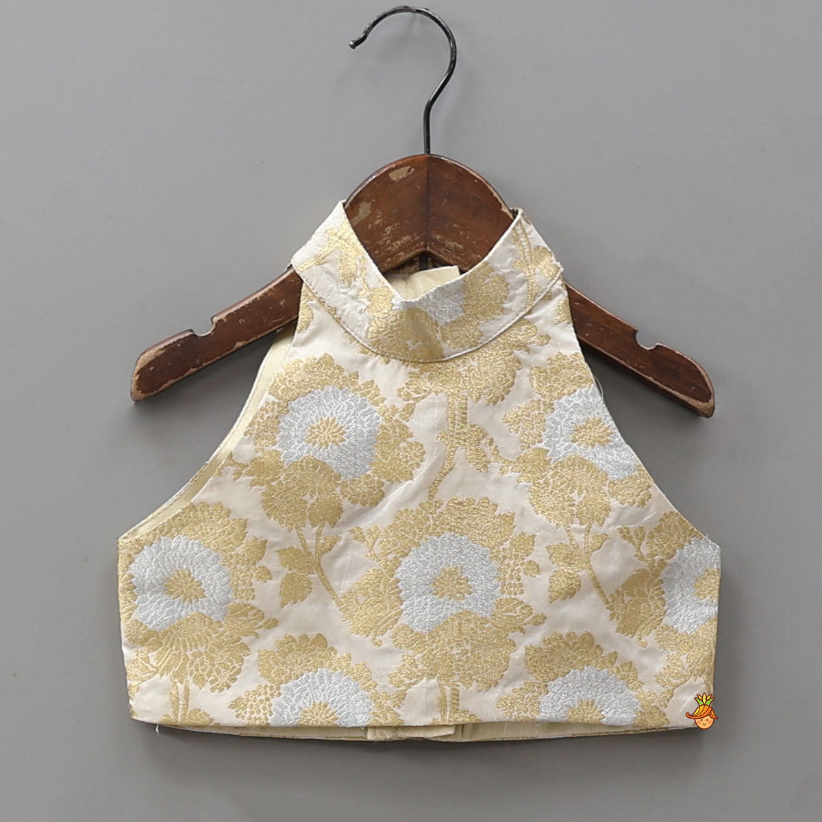 Pre Order: Exquisite Halter Neck Brocade Top With Embellished Jacket And Brocade Lehenga With Matching Hair Band