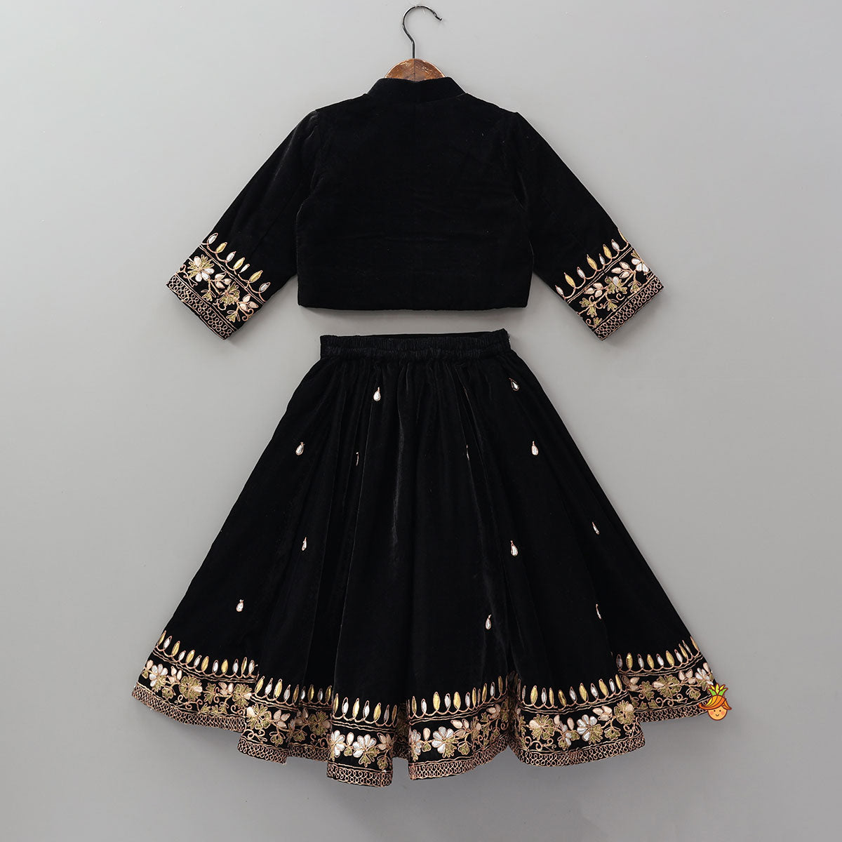 Pre Order: Stand Collar Velvet Stunning Black Top And Lehenga
