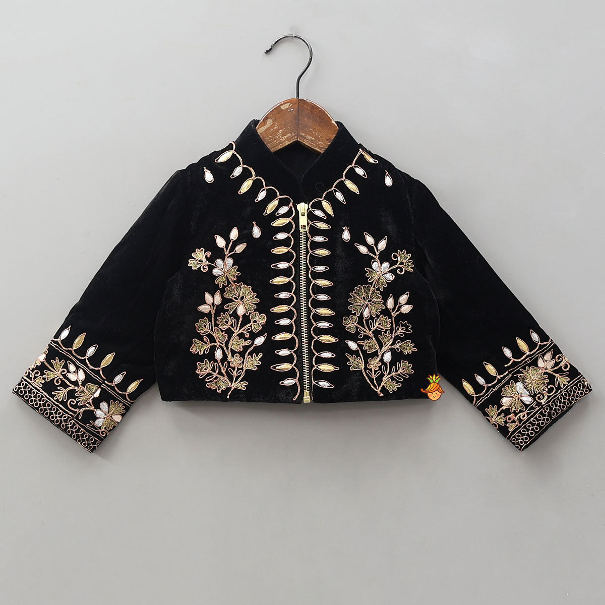 Pre Order: Stand Collar Velvet Stunning Black Top And Lehenga