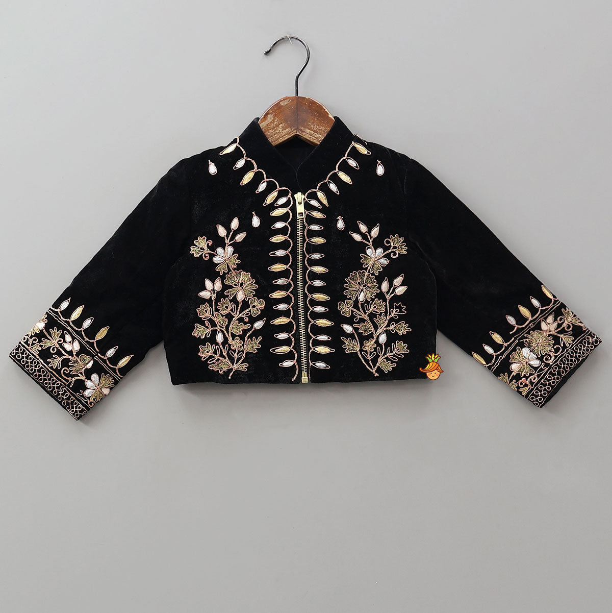 Pre Order: Stand Collar Velvet Stunning Black Top And Lehenga