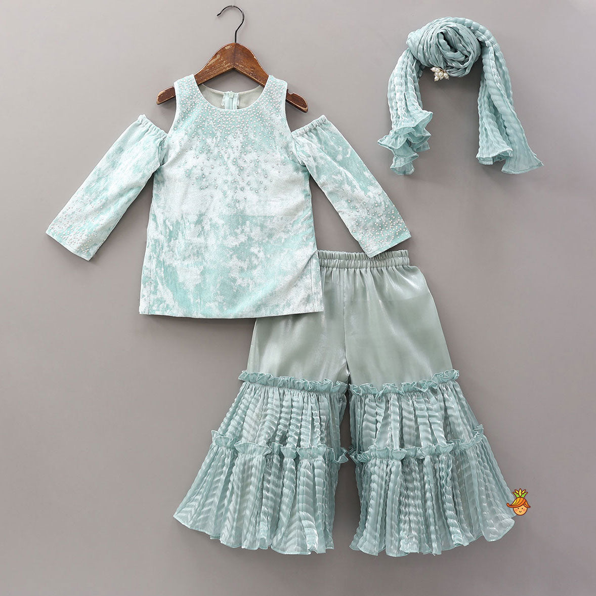 Pre Order: Velvet Cold-Shoulder Kurti With Shiny Sharara And Matching Dupatta