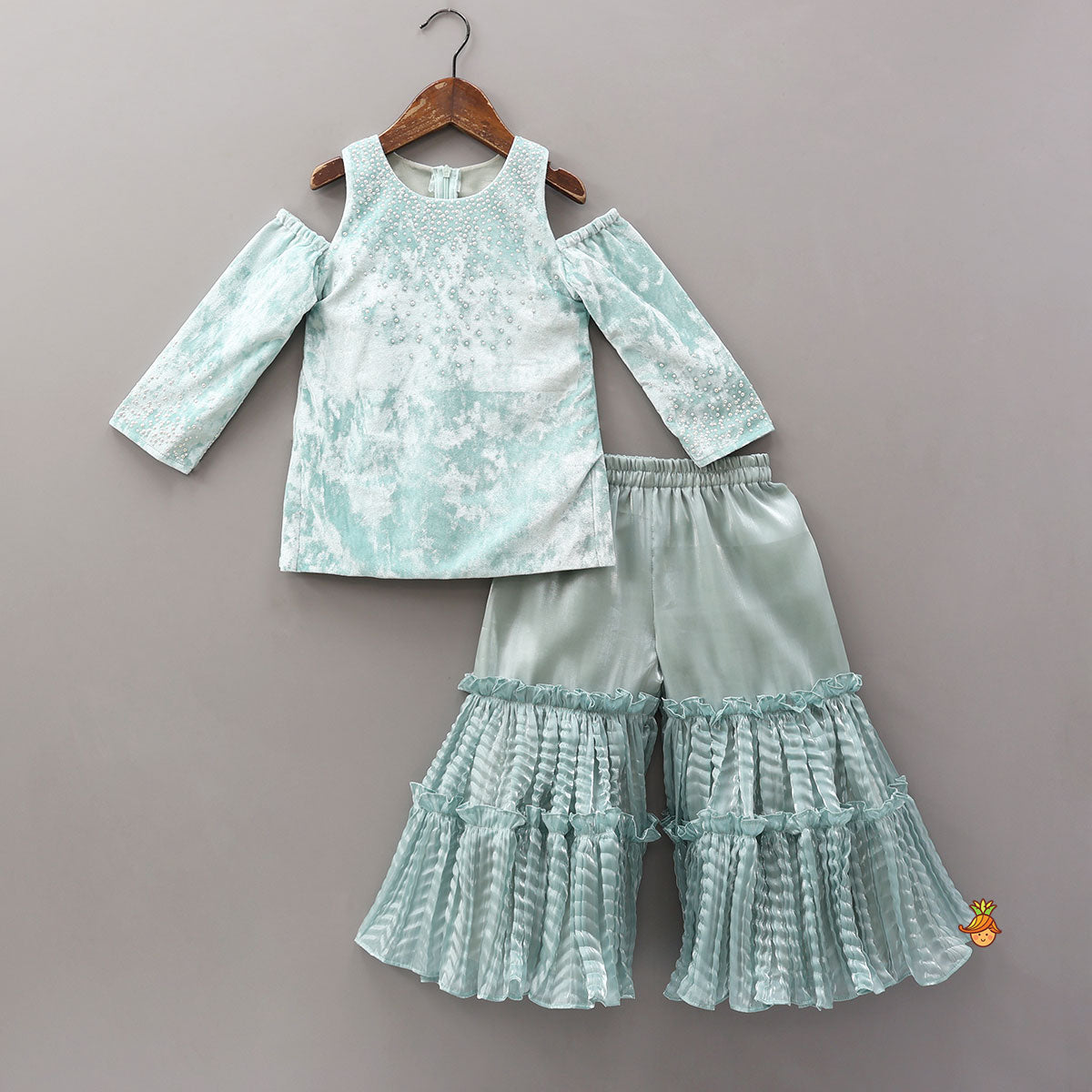 Pre Order: Velvet Cold-Shoulder Kurti With Shiny Sharara And Matching Dupatta