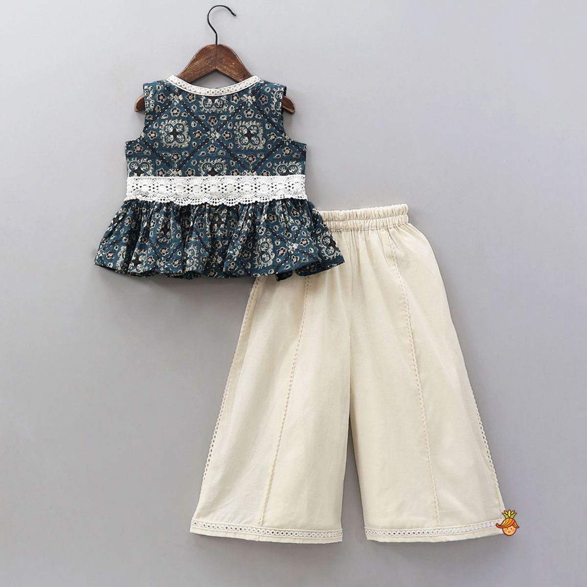 Lace Work Printed Top And Flared Palazzo