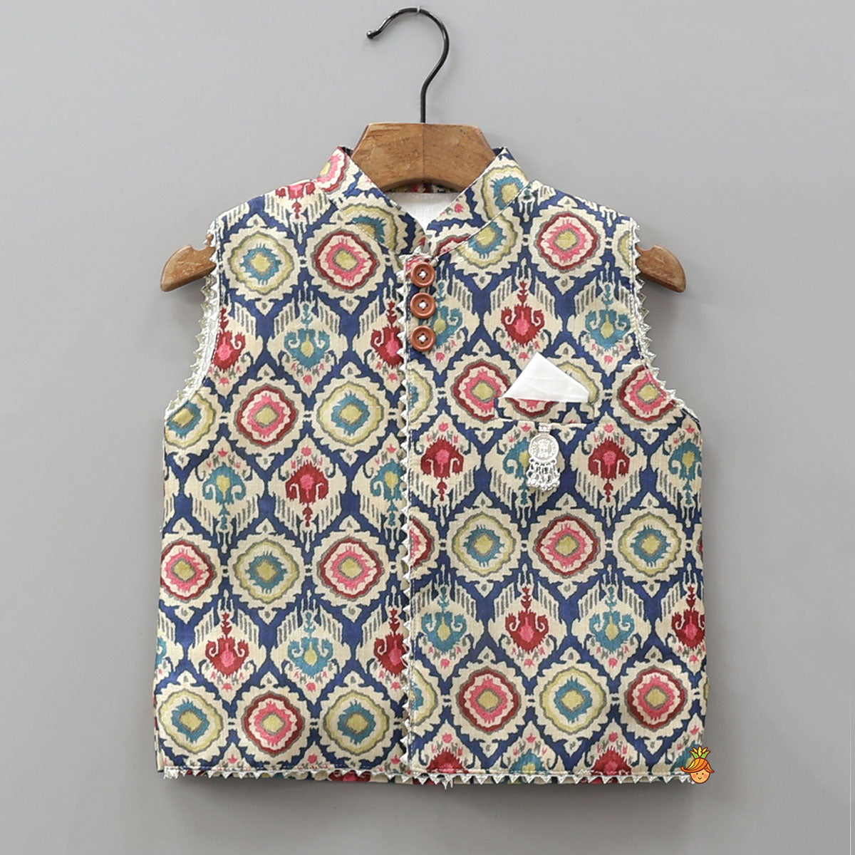 Pre Order: Curved Hem Kurta With Printed Jacket And Pyjama