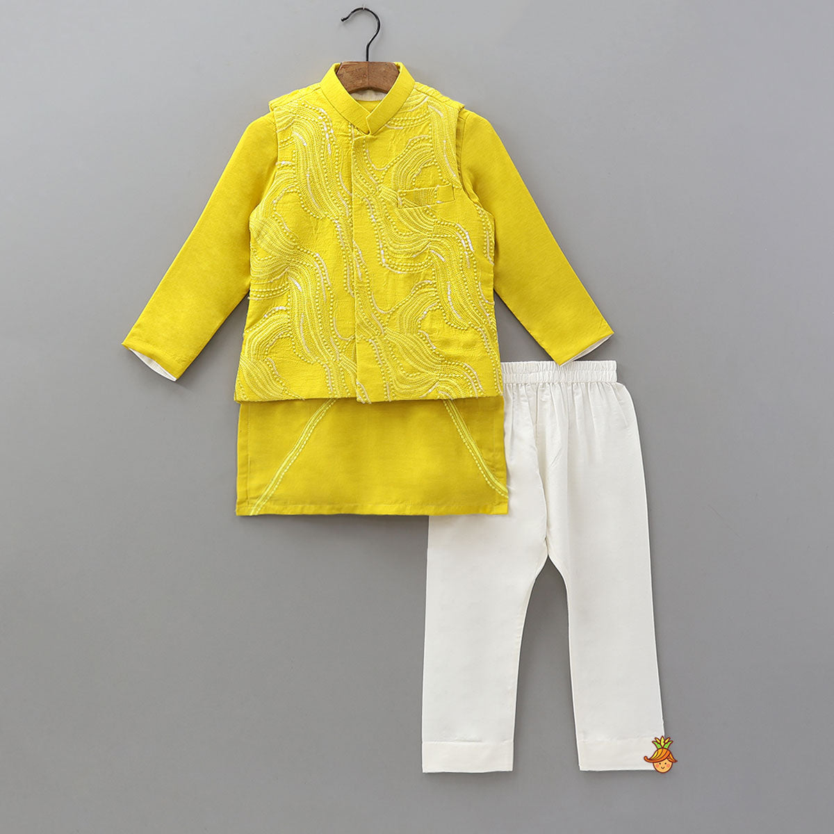 Pre Order: Embroidered Placket Kurta With Matching Jacket And Pyjama