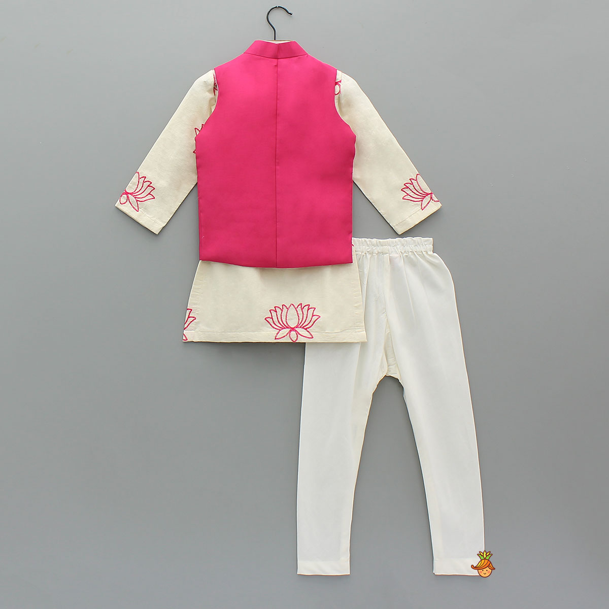 Pre Order: Lotus Motif Embroidered Kurta With Contrasting Jacket And Churidar