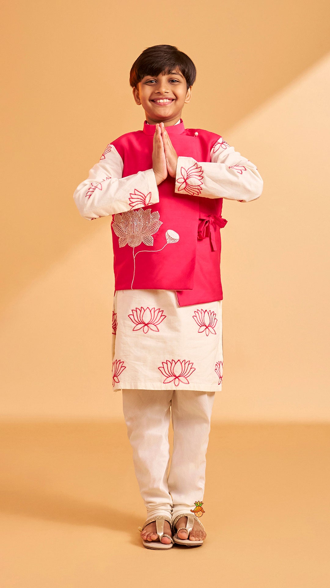 Pre Order: Lotus Motif Embroidered Kurta With Contrasting Jacket And Churidar