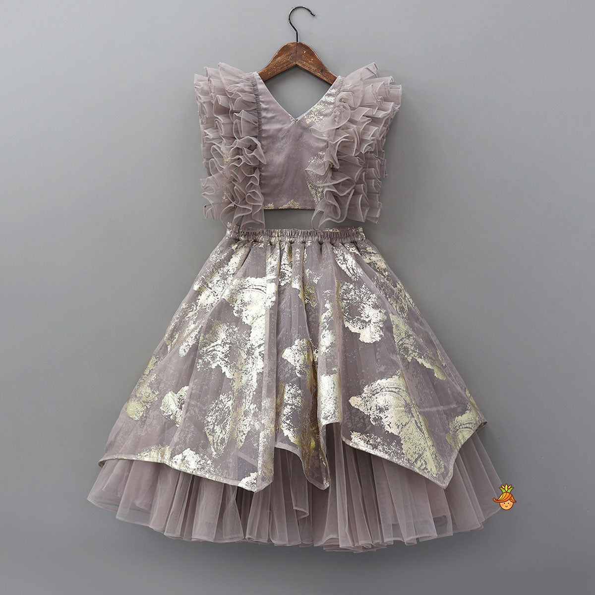 Pre Order: V-Neck Foil Printed Top And Layered Lehenga