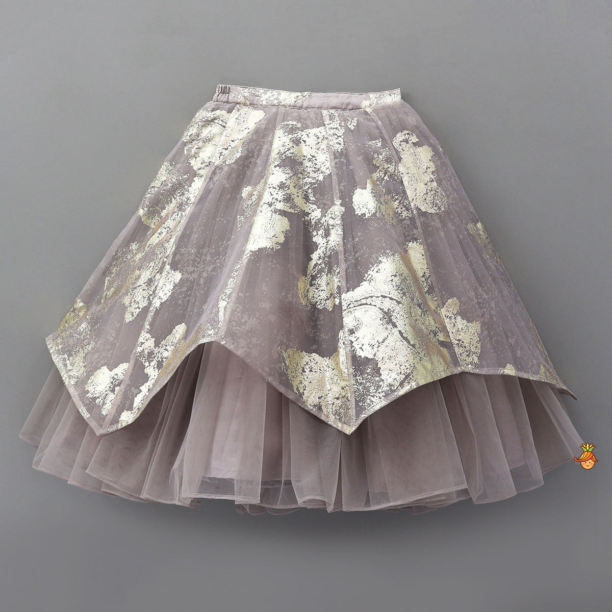 Pre Order: V-Neck Foil Printed Top And Layered Lehenga