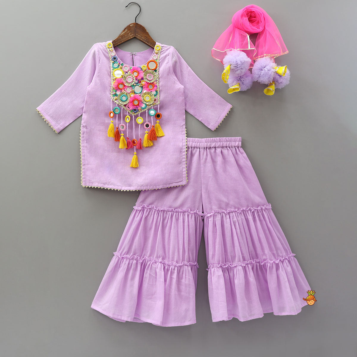 Mirror Work Embellished Kurti With Sharara And Dupatta