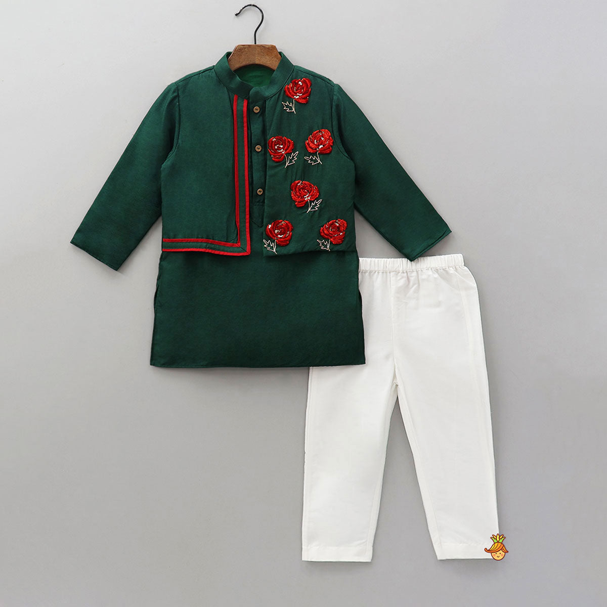 Pre Order: 3D Flower Embroidered Jacket-Style Kurta And Pyjama