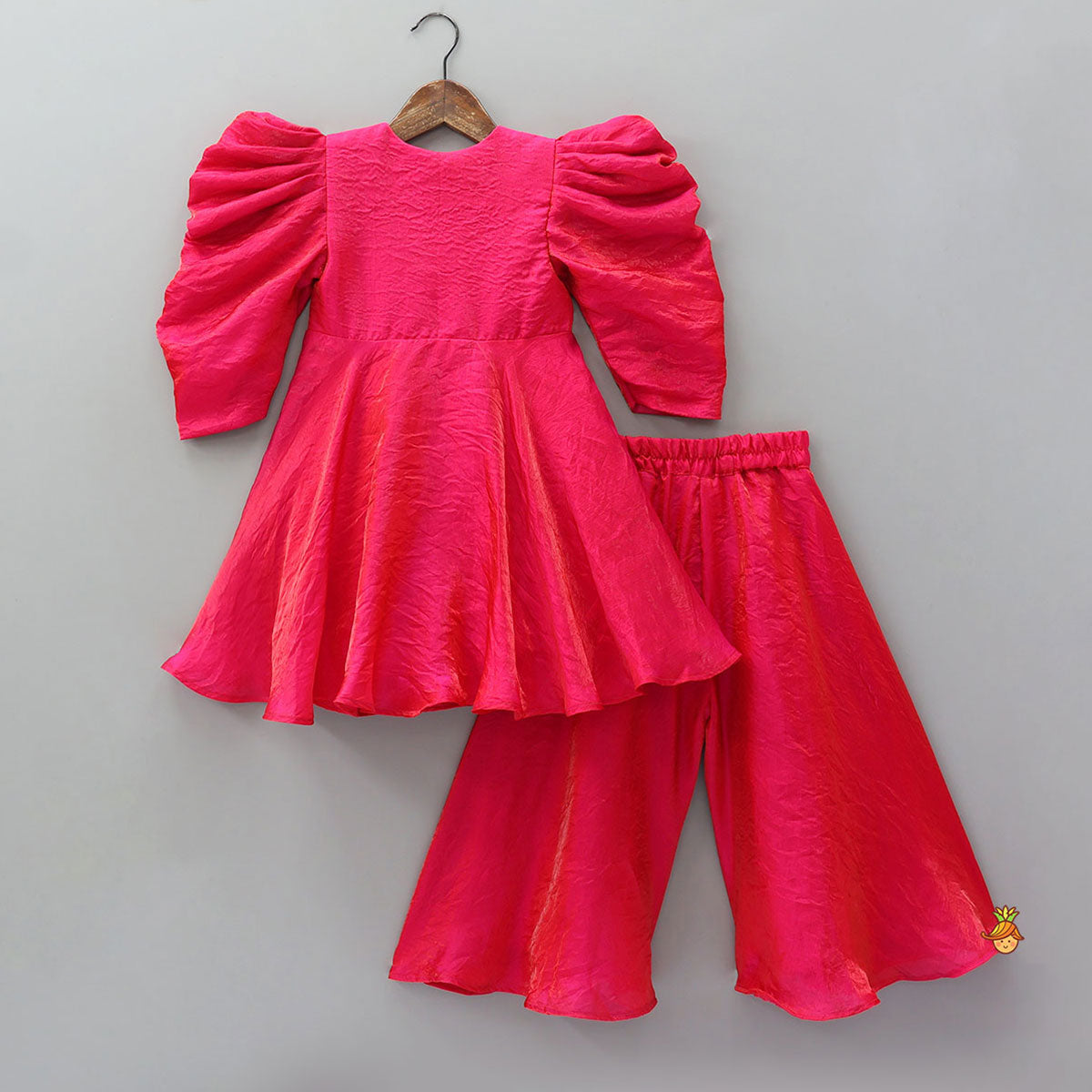 Adorable Shimmery Kurti With Embroidered Jacket And Flared Palazzo