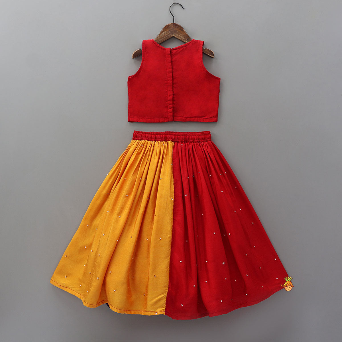 Pre Order: Elegant Top And Multi-Panel Colour-Block Lehenga With Mirror Work Dupatta