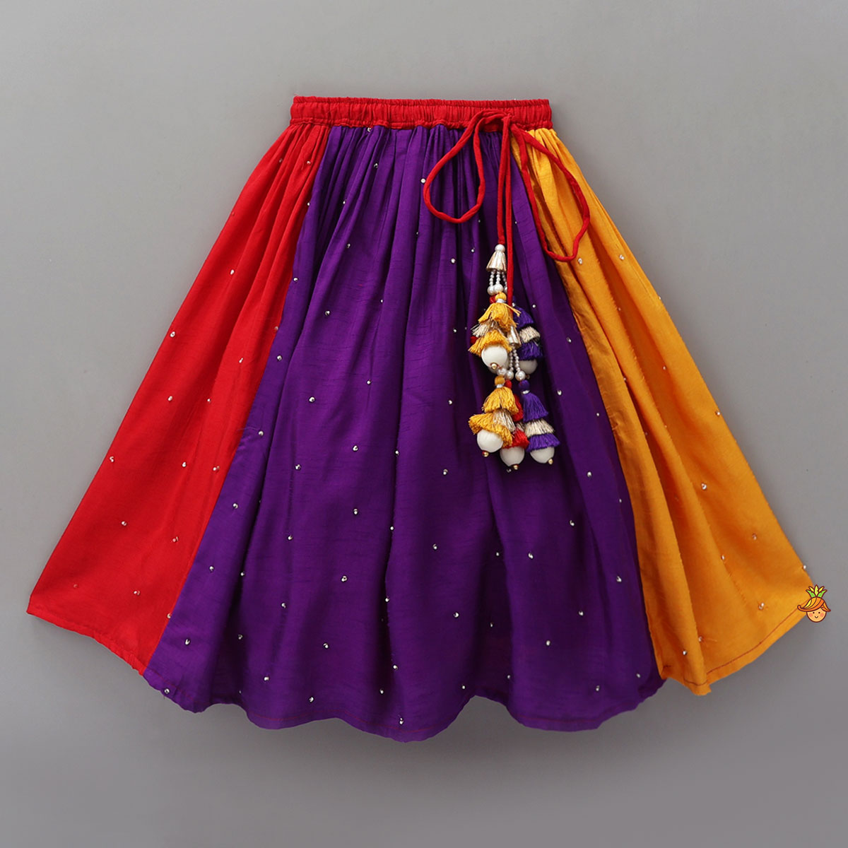 Pre Order: Elegant Top And Multi-Panel Colour-Block Lehenga With Mirror Work Dupatta