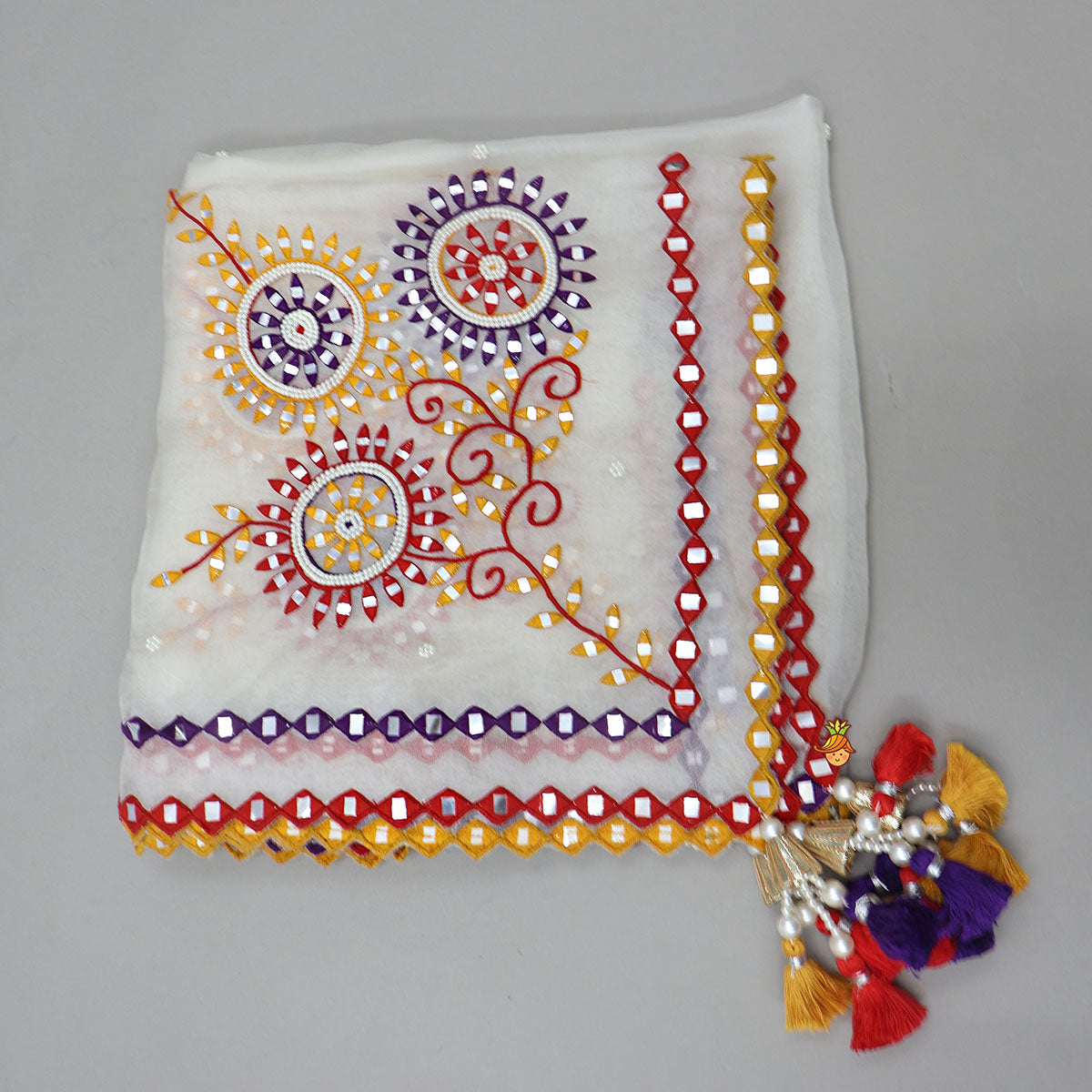 Pre Order: Elegant Top And Multi-Panel Colour-Block Lehenga With Mirror Work Dupatta