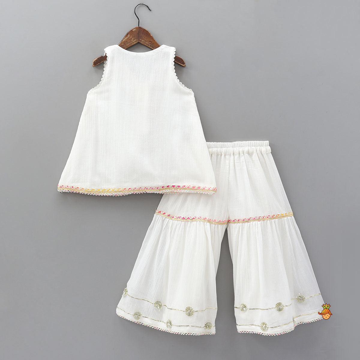 Pre Order: Front Slit Kurti And Matching Flared Sharara With Contrasting Dupatta