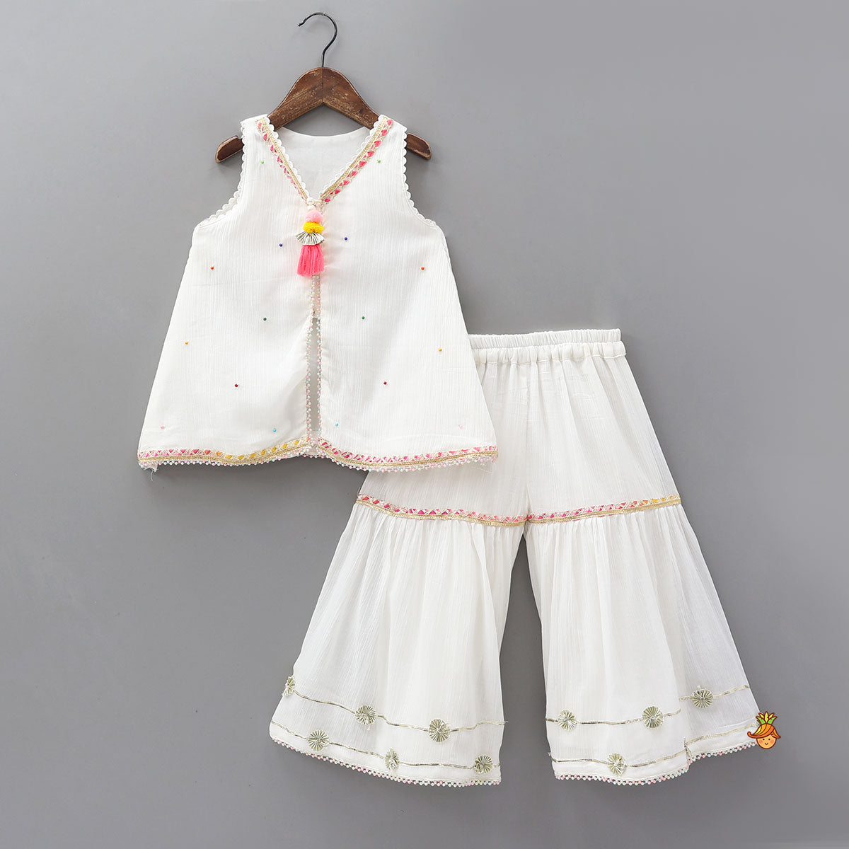 Pre Order: Front Slit Kurti And Matching Flared Sharara With Contrasting Dupatta