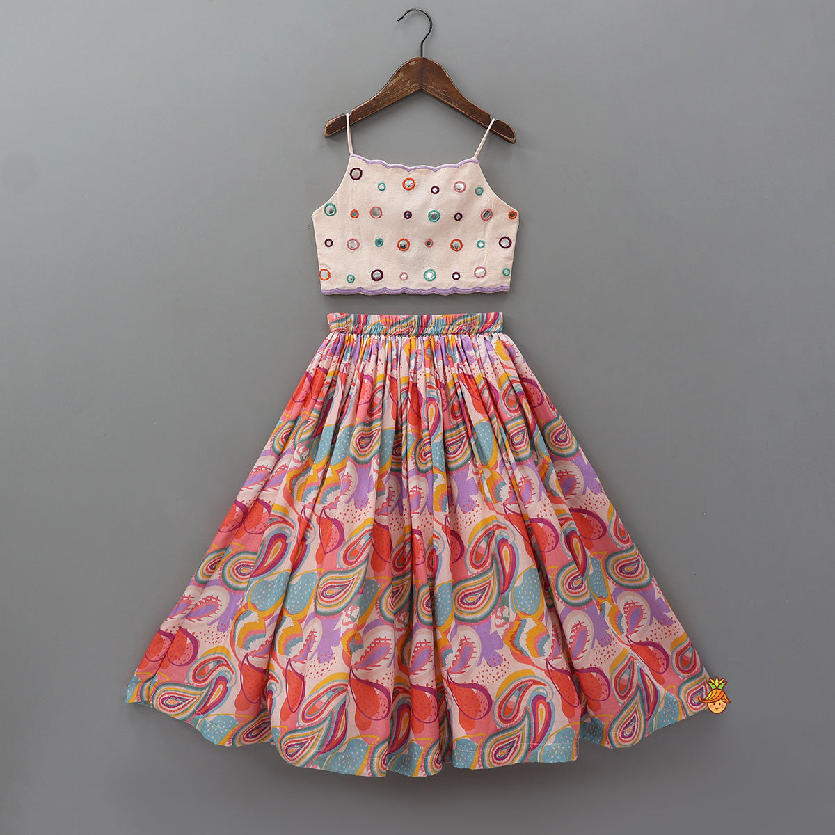 Pre Order: Faux Mirror Work Strappy Top And Printed Lehenga