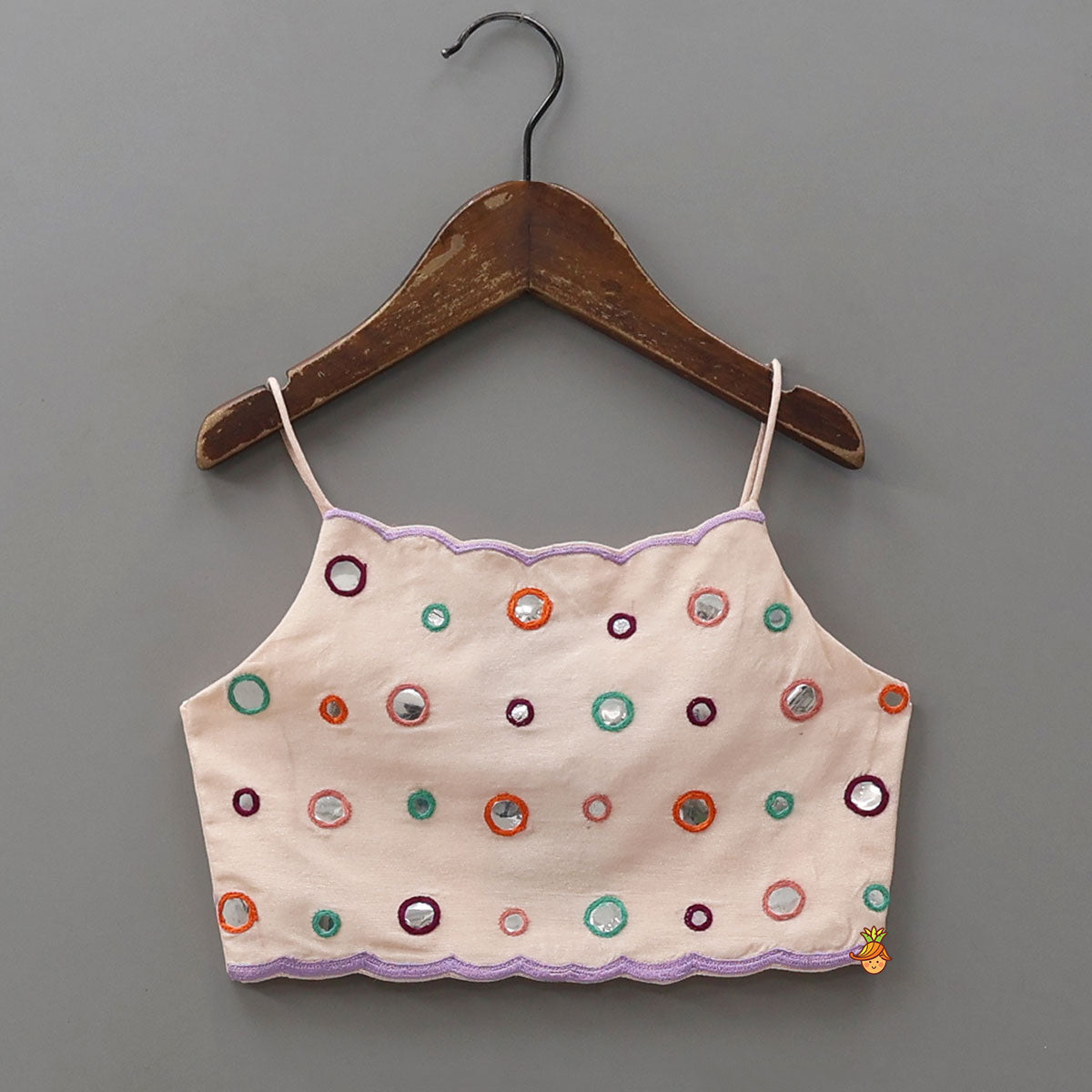 Pre Order: Faux Mirror Work Strappy Top And Printed Lehenga