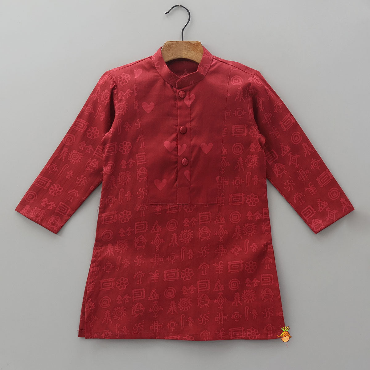 Pre Order: Heart-Shaped Printed Yoke Cotton Kurta With Pyjama