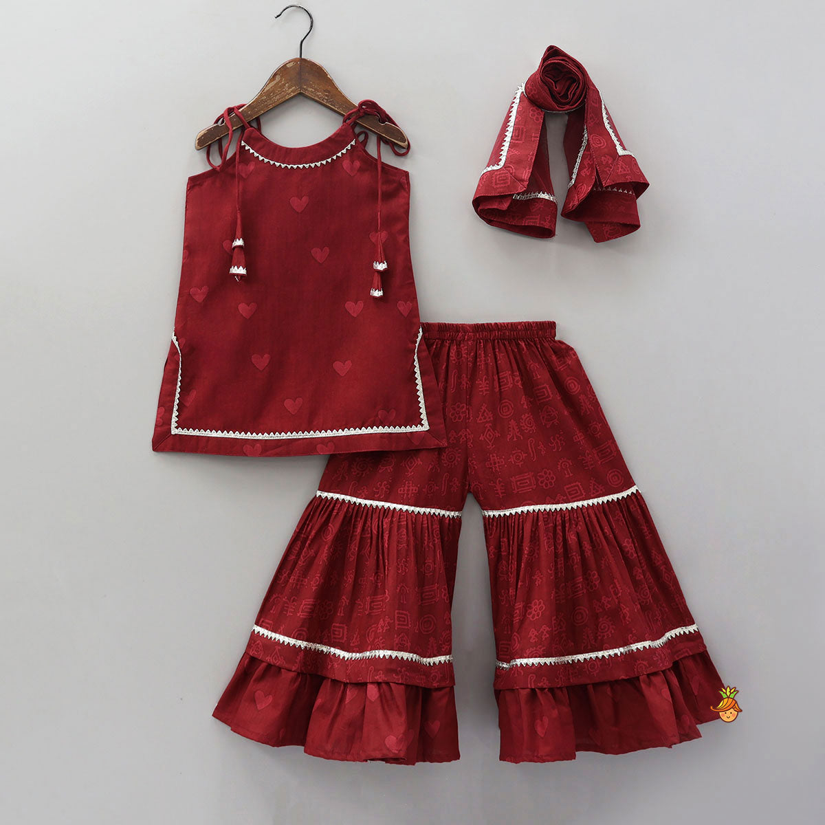 Pre Order: Heart Printed Strappy Kurti And Layered Sharara With Matching Dupatta