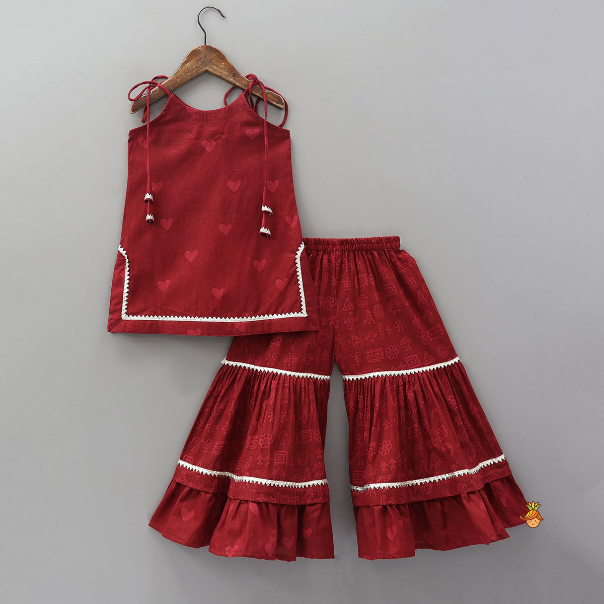 Pre Order: Heart Printed Strappy Kurti And Layered Sharara With Matching Dupatta