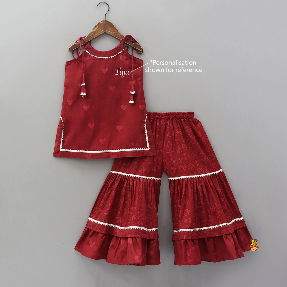 Pre Order: Heart Printed Strappy Kurti And Layered Sharara With Matching Dupatta