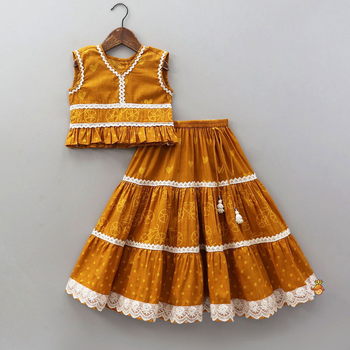 Pre Order: Elegant V-Neck Printed Top With Matching Lehenga