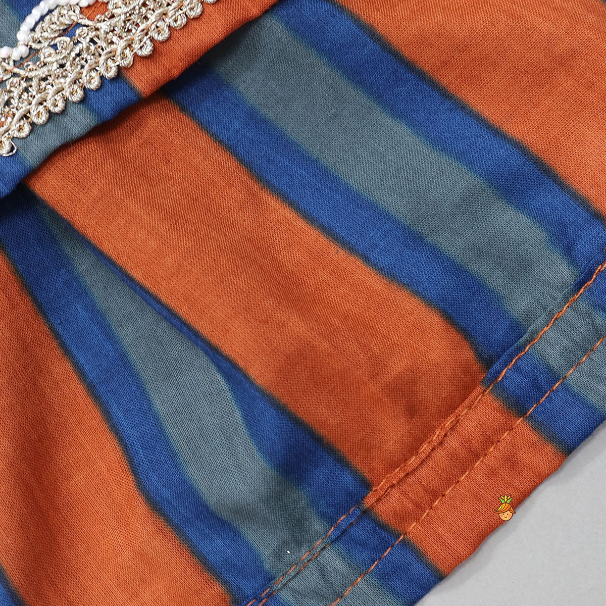 Pre Order: Faux Pocket Printed Top And Striped Lehenga