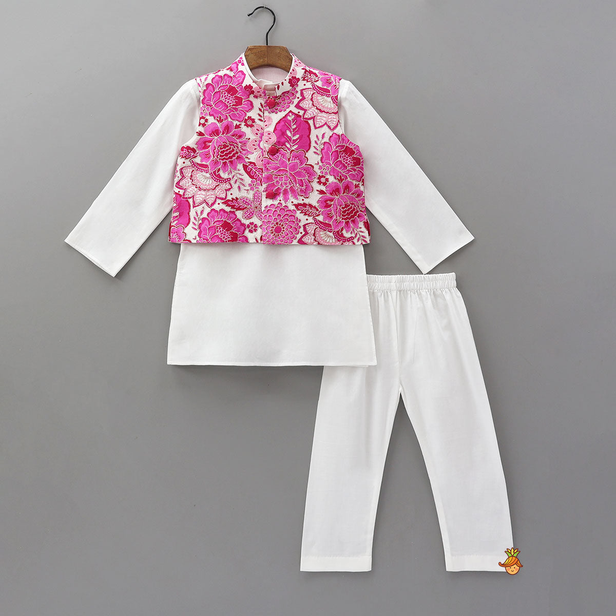 Pre Order: Ethnic Kurta With Adorable Floral Work Jacket And Pyjama