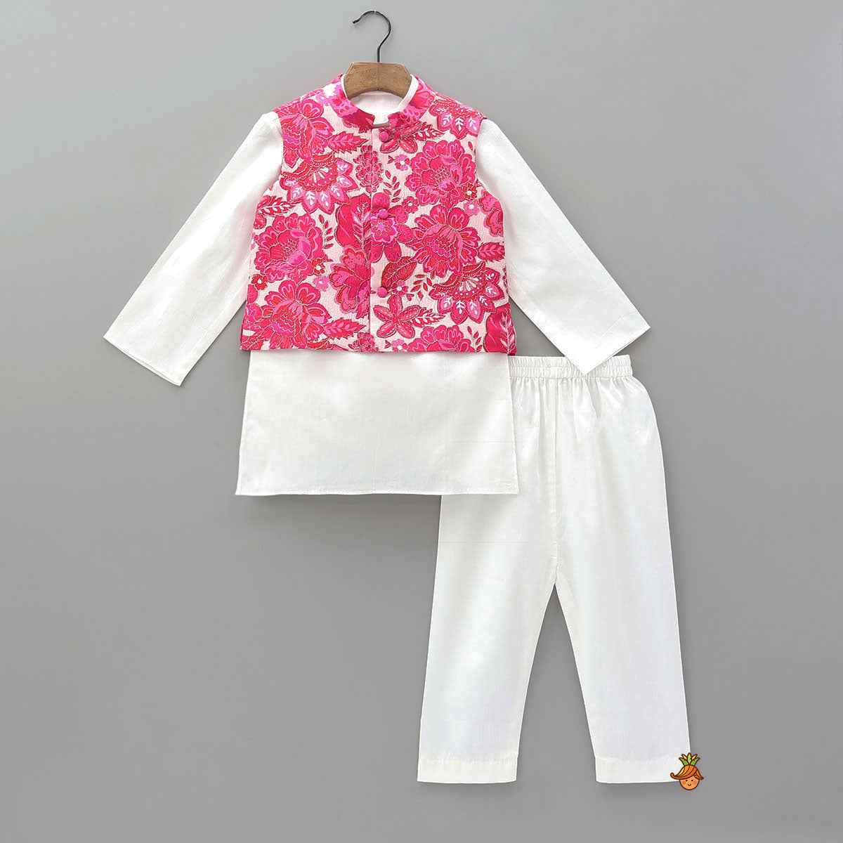 Pre Order: Ethnic Kurta With Adorable Floral Work Jacket And Pyjama