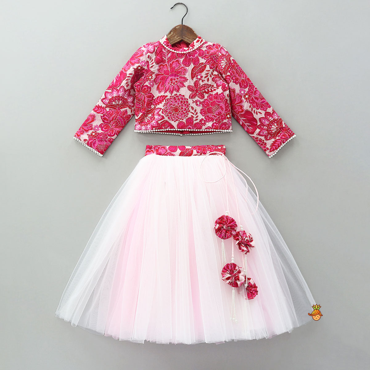 Pre Order: Stand Collar Elegant Top And Floral Tassels Embellished Lehenga